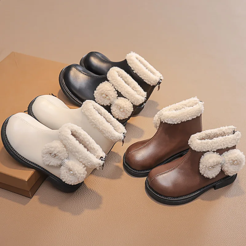 

2025 Winter New Children Casual Boots for Girls Fashion Korean Style Soft Bottom Anti-slippery Versatile Princess Bowtie Shoes