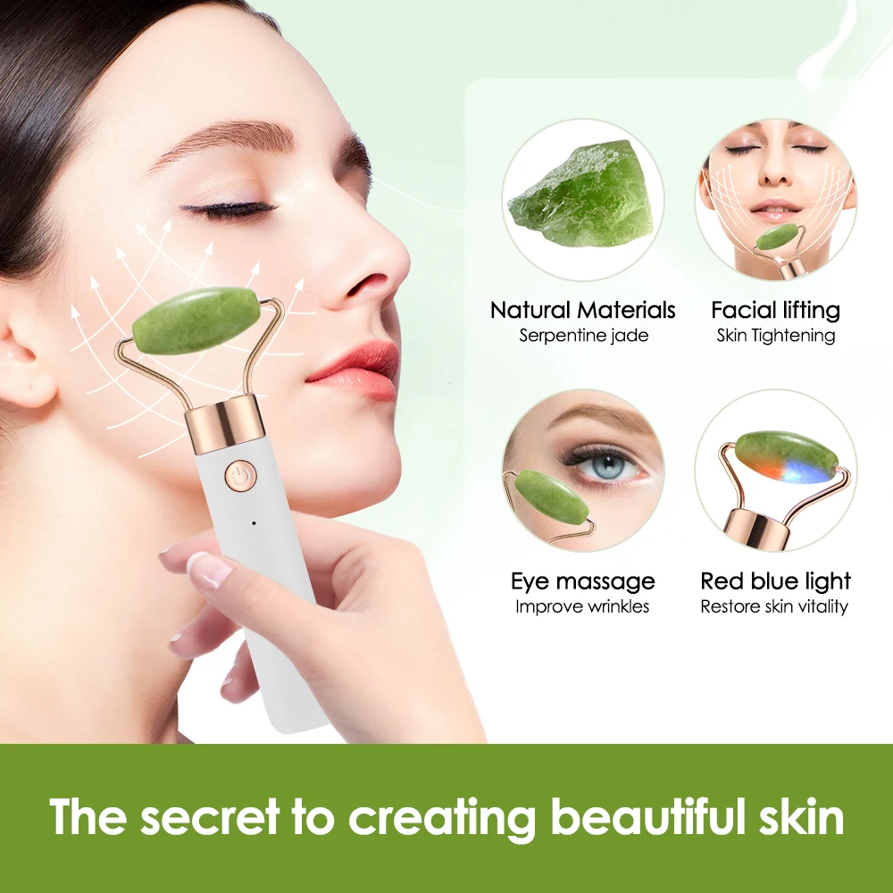 Beauty Wand เครื่องนวดหน้าไฟฟ้า Vibrating Rose Quartz Aventurine หยก 3D Roller Face Lifting Body Facial Gua Sha Jade Roller
