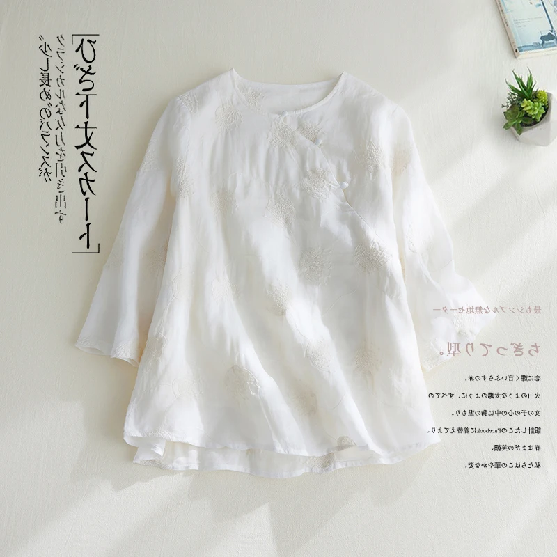

Breathable Water Soluble Embroidered Cotton Linen Chinese Sle irt plus Size Women's Retro Side Buttoned Seven Sve Slim...