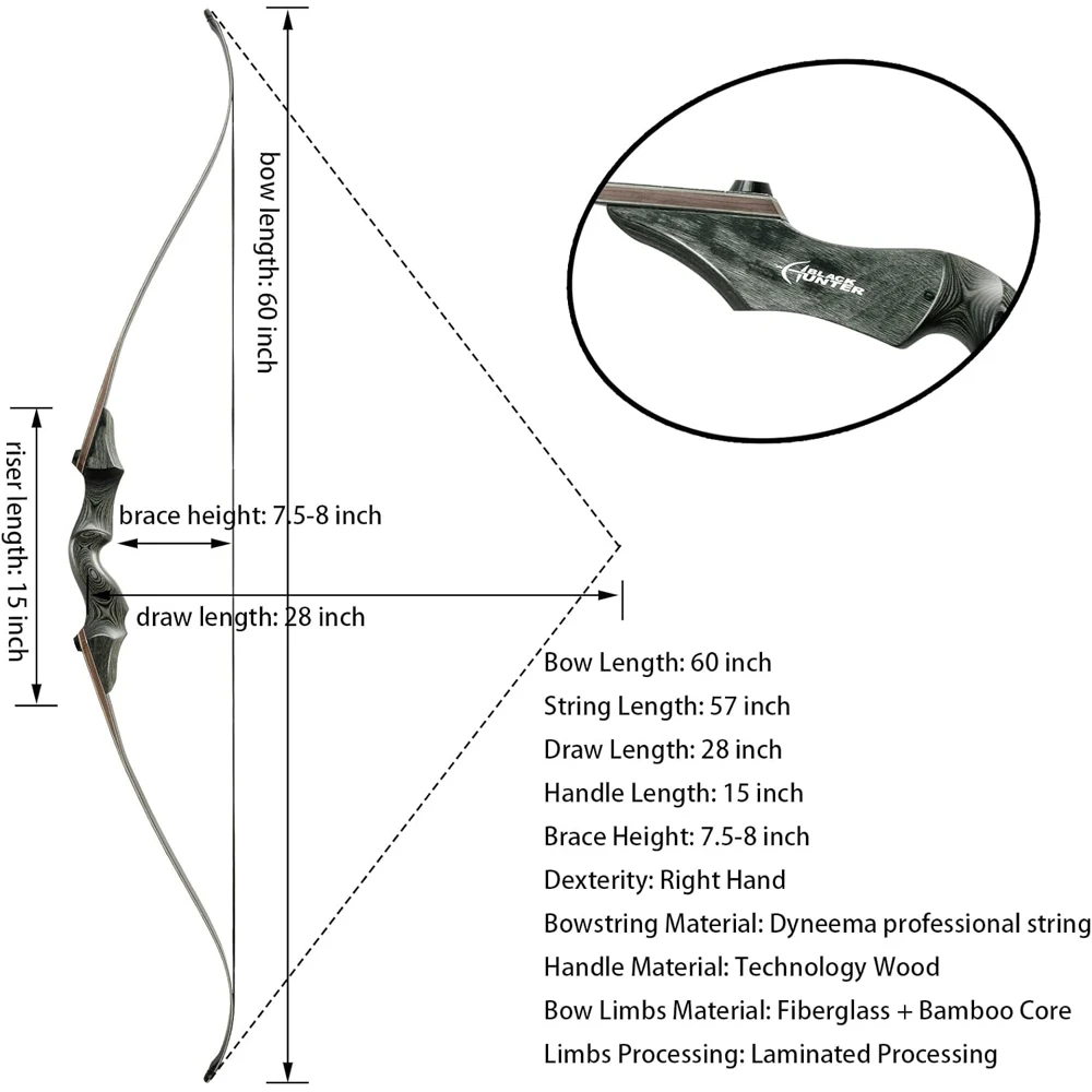 

Black Hunter 60 Inch Archery Takedown Recurve Bow Set F171 30-60lbs Right Hand Left Hand Bamboo Core Limb
