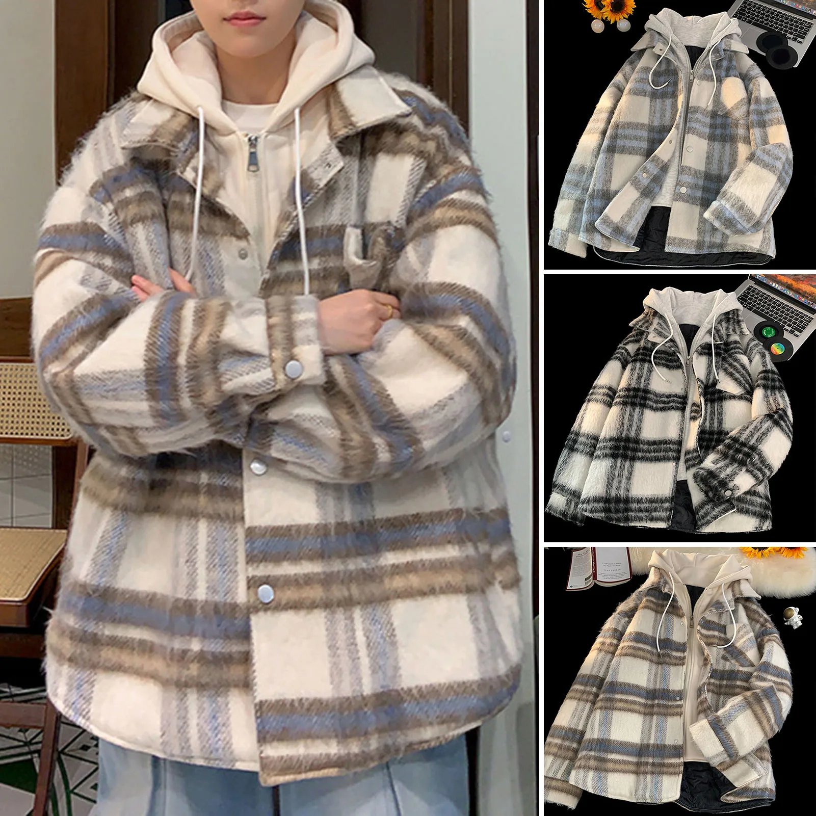 Men Hooded Cotton Coat Windproof Hooded Jackets for Men Thickened Cotton Outwear with Fake Two-piece Design Multiple for Men