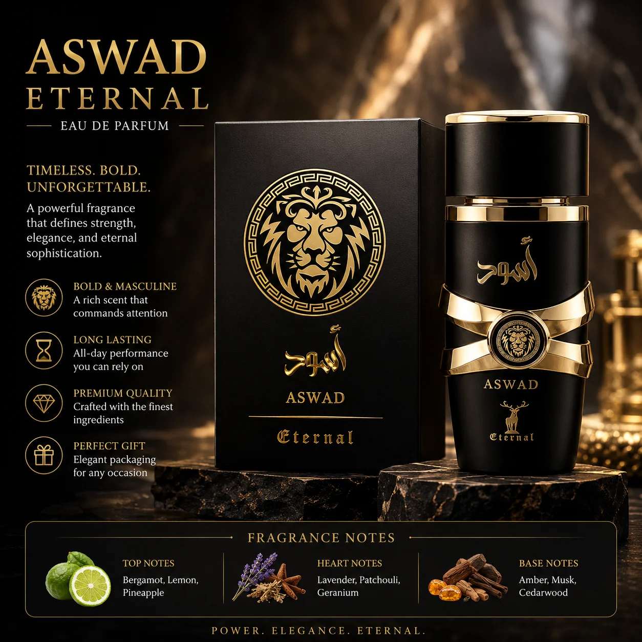 

ASWAD Eternal Perfume For Men - Long Lasting Woody Spicy Fragrance - Luxury Black Gold Lion Bottle Arabic Cologne Gift
