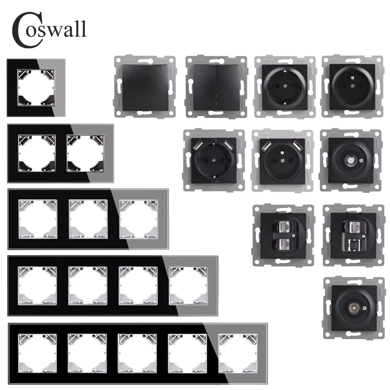Coswall D1 Series Silver-Plated Glass Panel Wall Light Switch EU/France Standard Socket USB Charging CAT6 Internet  Module DIY