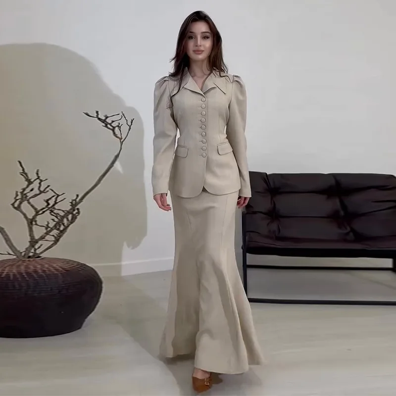 Muslim Skirt Suit Women Ramadan Dubai Coat Long Skirts 2 Piece Set Morocco Single Breasted Top Jacket Ensemble Eid Arab Outfits