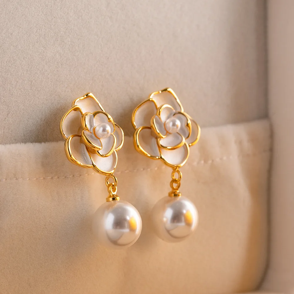 

White Flower Camellia Pearl Drop Earrings for Women Trendy Luxury Korean Elegant Party Bridal Jewelry Gift