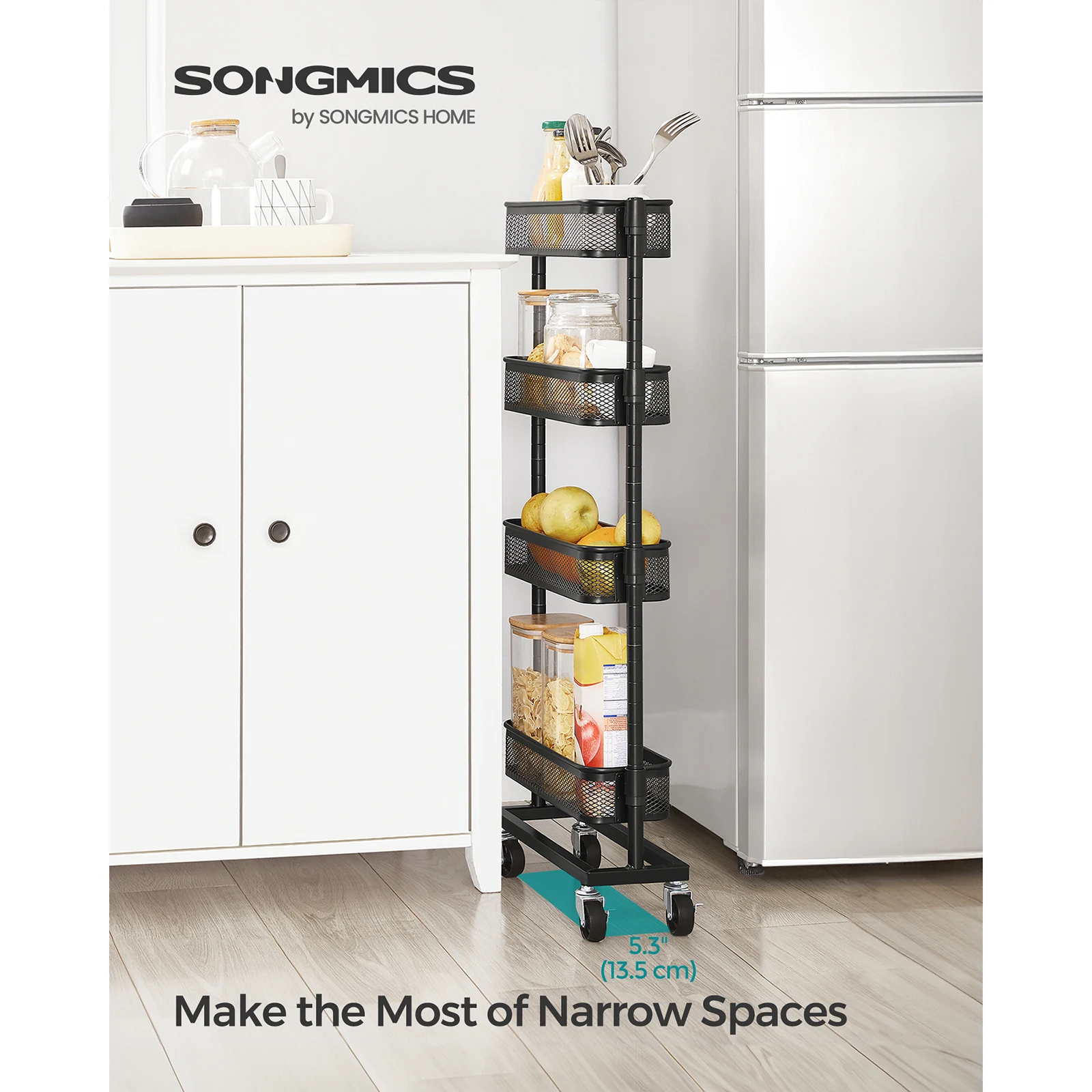 SONGMICS Slide-Out Trolley, Bathroom/Kitchen Cart with 4 Wire Baskets, Space-Saving, Easy Assembly, Office/Living Room