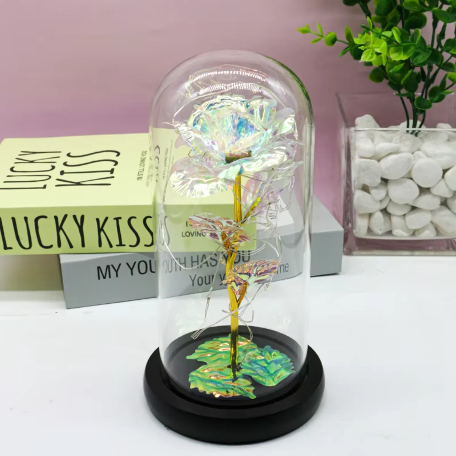 

Glass cover simulation gold foil flower rose LED glow Valentine's Day Christmas gift