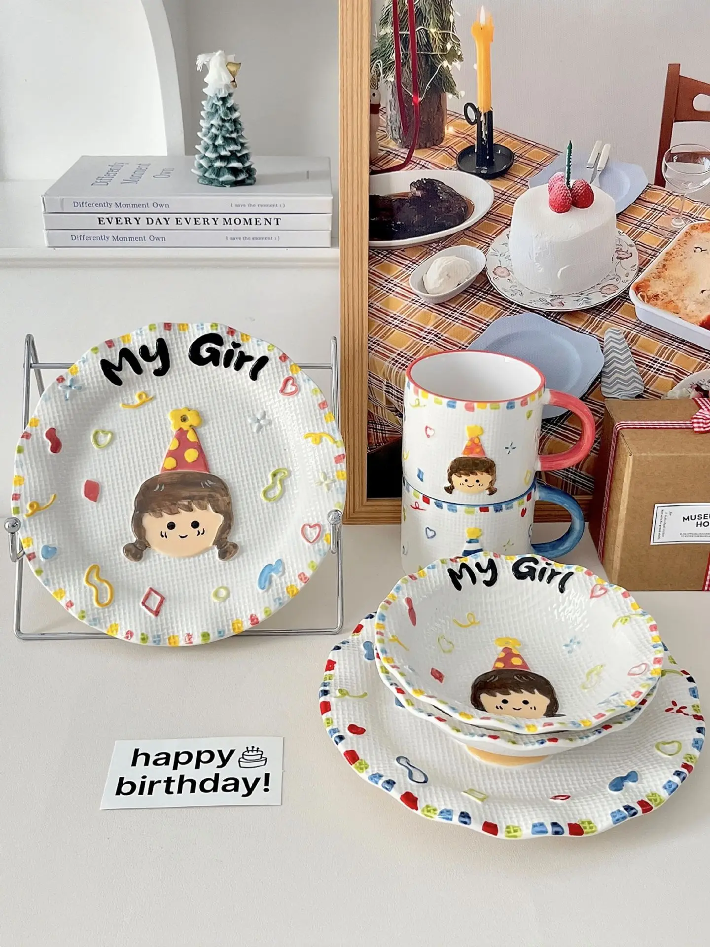 Embossed Creative Ceramic Tableware Cups Plates Birthday Gifts  Boys Girls Hand-painted Cakes Mugs Household Dining Plates Set