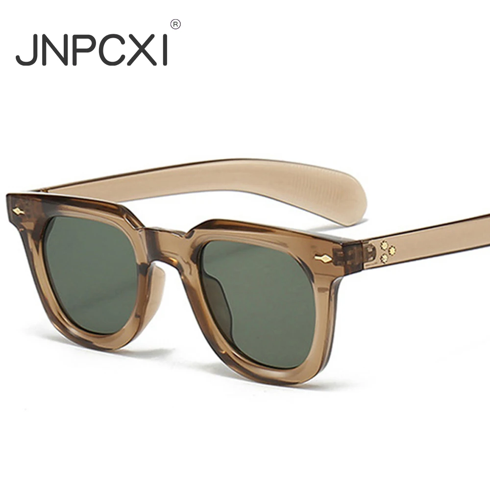 

JNPCXI Small Square Women Rivets Decoration Sunglasses Gradient Jelly Tea Retro Punk Men Sun Glasses Shades UV400