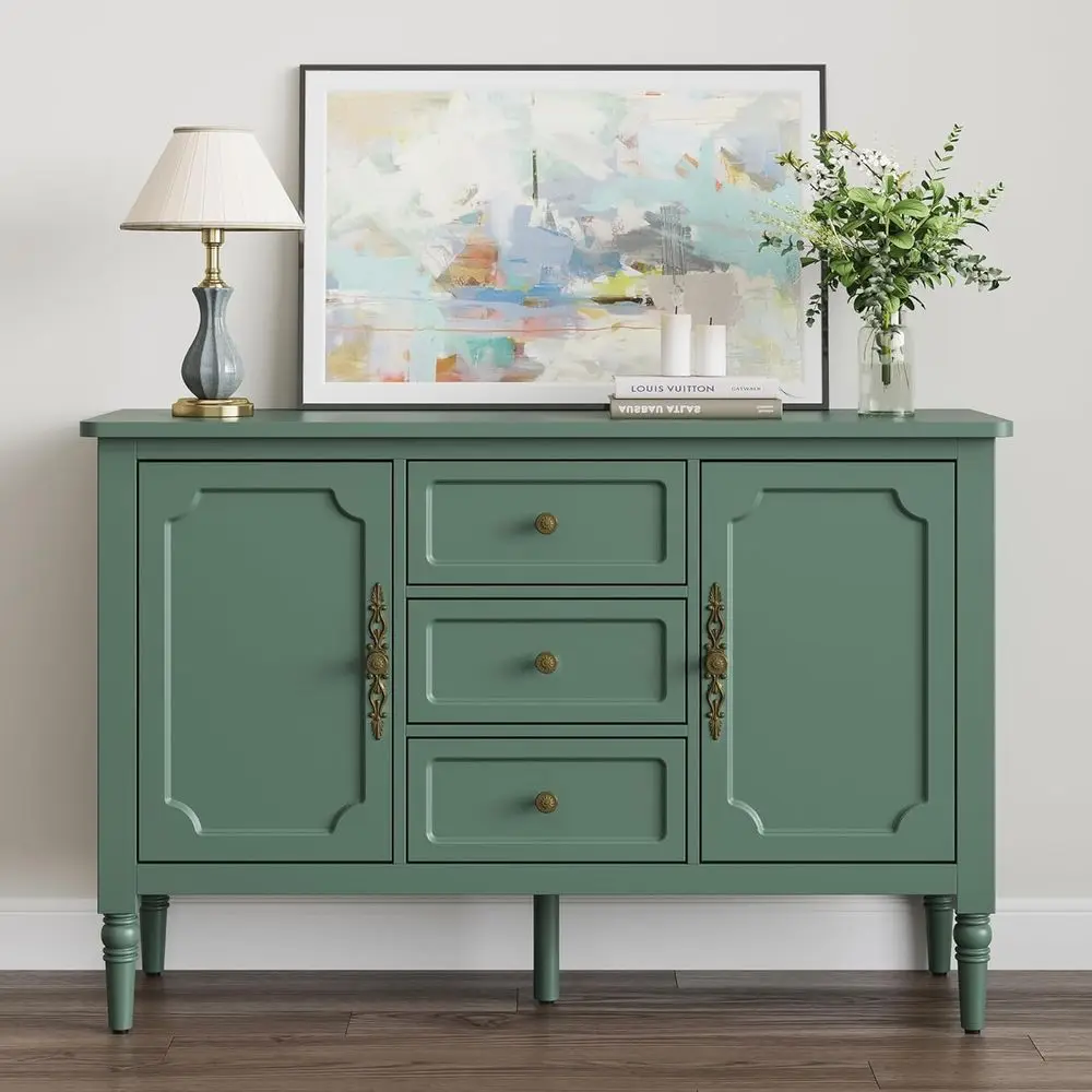 

Vintage Sideboard with Storage, 2 Doors & 3 Drawers, Coffee Bar Table, Solid Wood Legs, Modern Painted Cabinet for Kitchen & Din