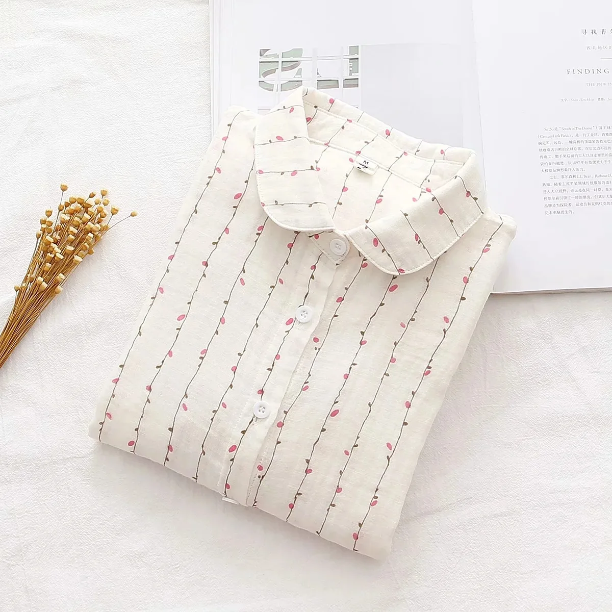 Double-layer Cotton Yarn Shirts Women Autumn Full Sleeve Floral Loose Casual Soft Blouse Office Lady Work Wear Tops