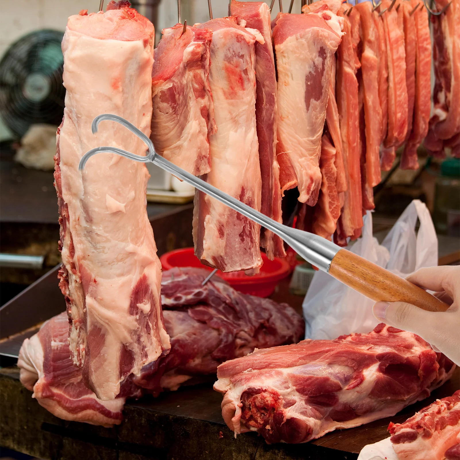 

Outdoor Cooking Hook Heavy Duty Bbq Turner Stainless Steel Meat Flipper Double Hook Design Non-Slip Wooden Handle For