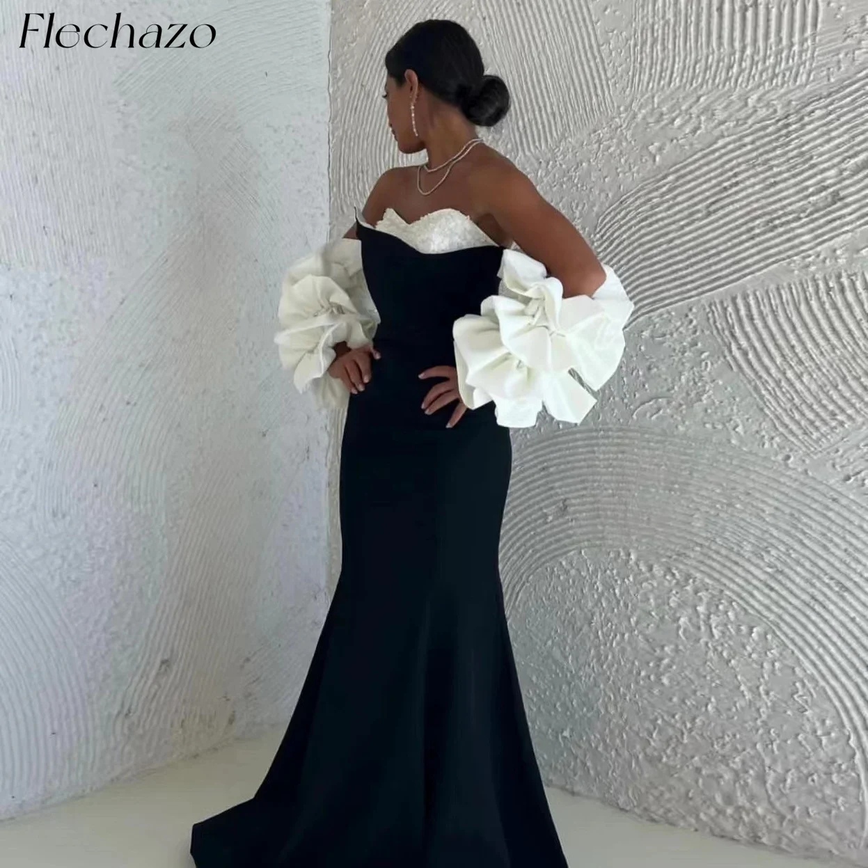 

Flechazo Black Evening Dresses Sweetheart Beads Mermaid Puff Gloves Mermaid Fomral Party Dress For Women 2024 vestidos de gala