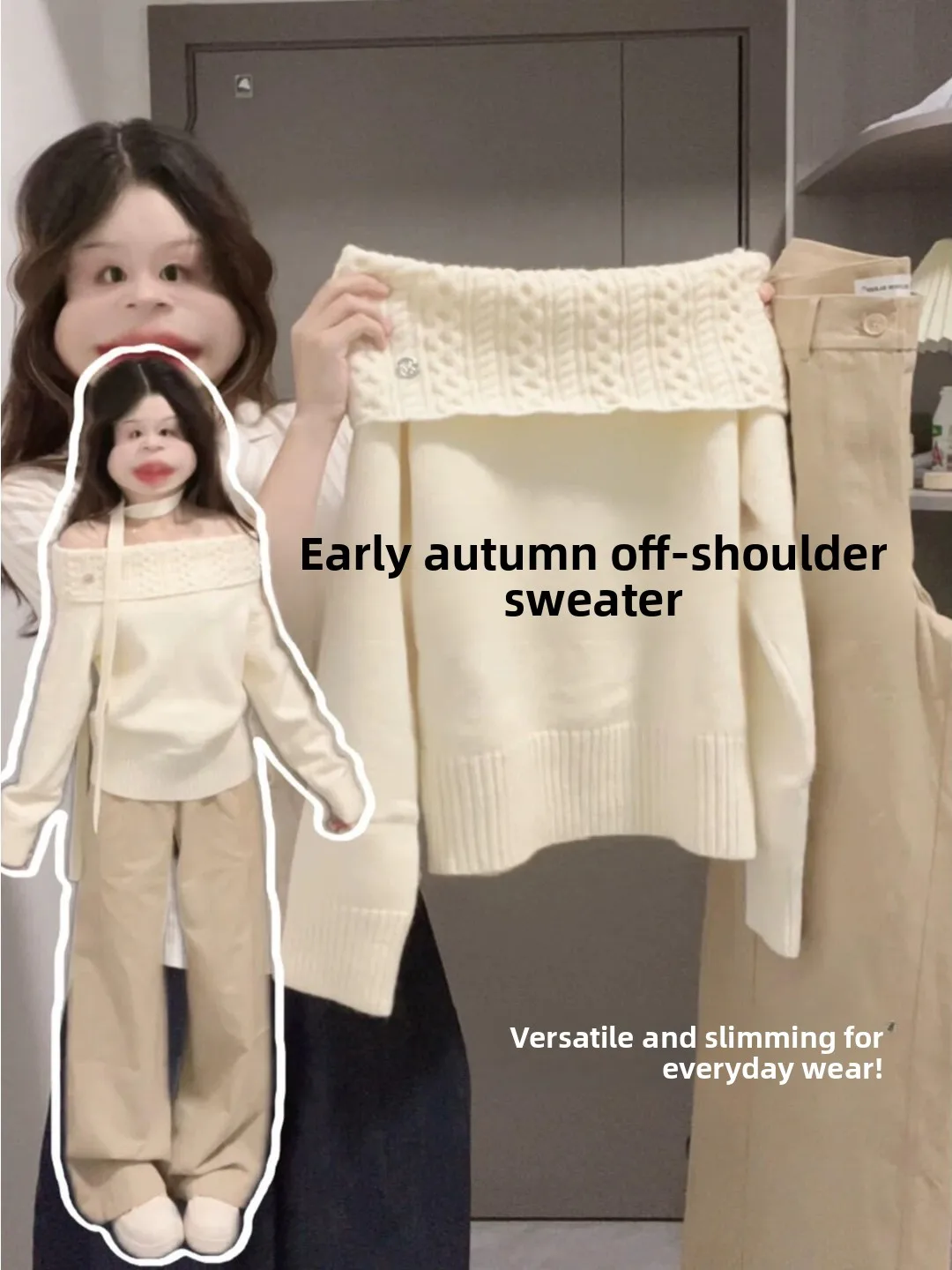 

Новинка Весна 2026: Корейский белый вязаный свитер на одно плечо для женщин, свободный крой, повседневный трикотаж для девушек