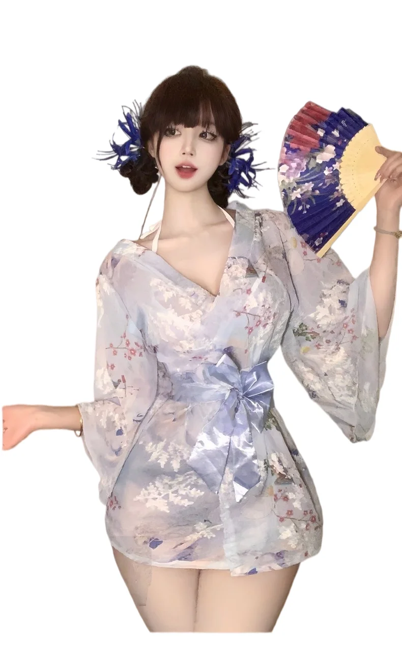 The New Style of Atmosphere, Sweet Bow, Sexy Printed Embroidery Kimono, Bathrobe, Chiffon Nightgown, Sexy Lingerie, Women - view 3