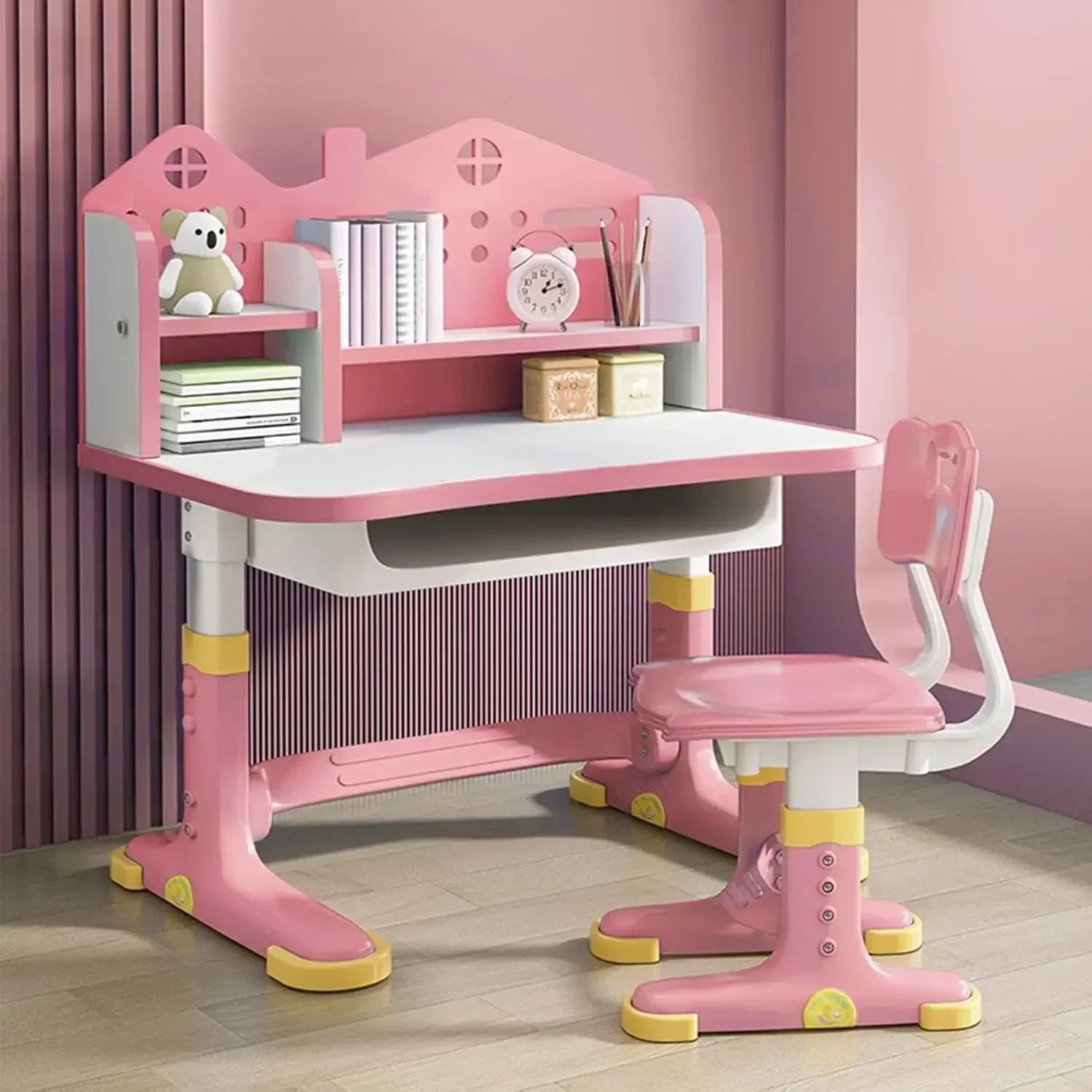 Study Desk & Chair Set w/Storage,Drawers,Bookshelf,Child Toddler Writing Homework Table,Little Girl Work Compute