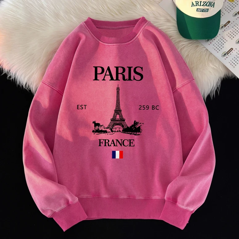 

Fashion Womans Washed Sweatshirts France Eiffel Tower Printed Pullovers Fleece Crewneck Oversize Hoodie Autumn Acid Wash Clothes
