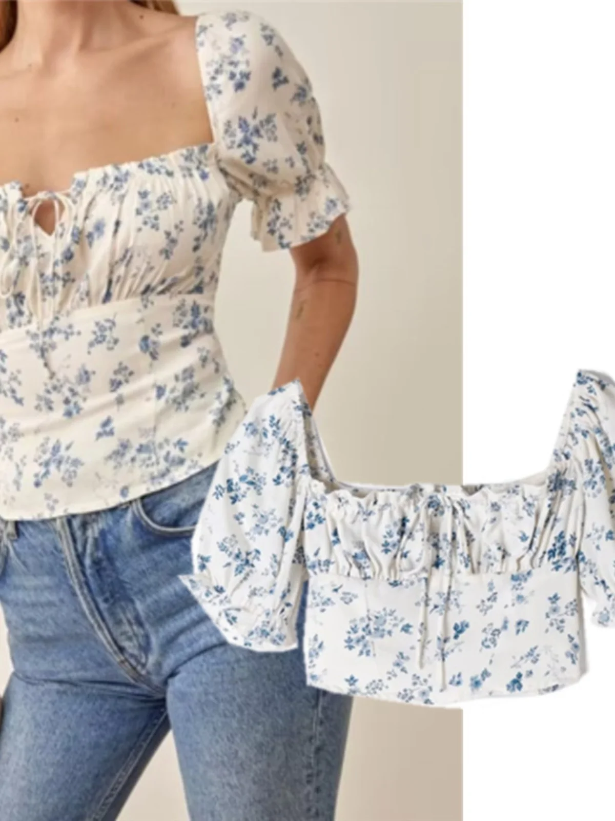 Retro kwadratowy dekolt, kwiatowy wzór, wiązany na szyi, seksowny, na jedno ramię, dopasowany, bufiaste rękawy, krótki rękaw, spódnica, damski styl uliczny, nadruk.