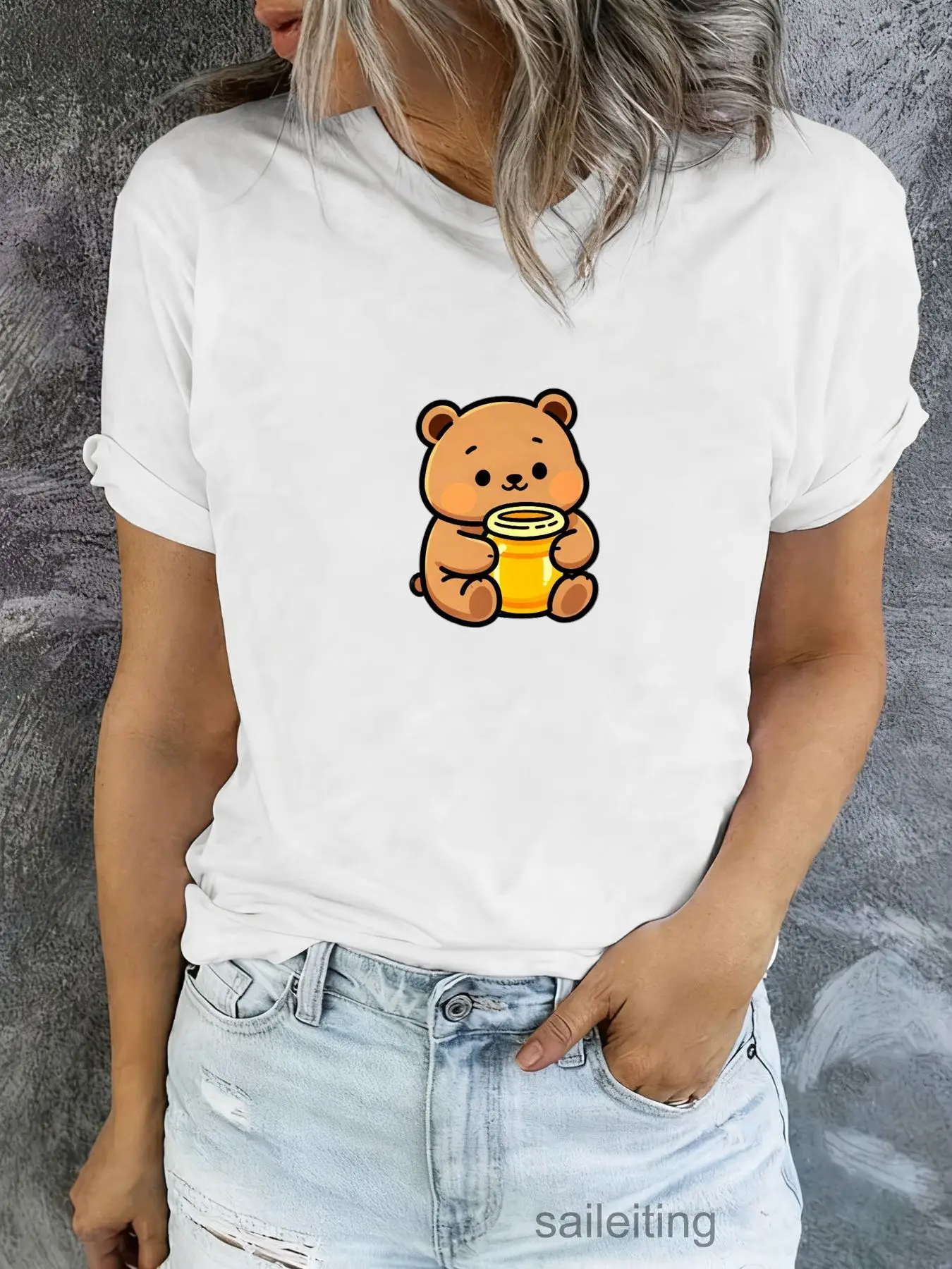 Cute Brown Bear Holding Yellow Cup Cartoon T-Shirt for Women Men - Casual Short Sleeve Summer Breathable Tee, Kawaii Graphic