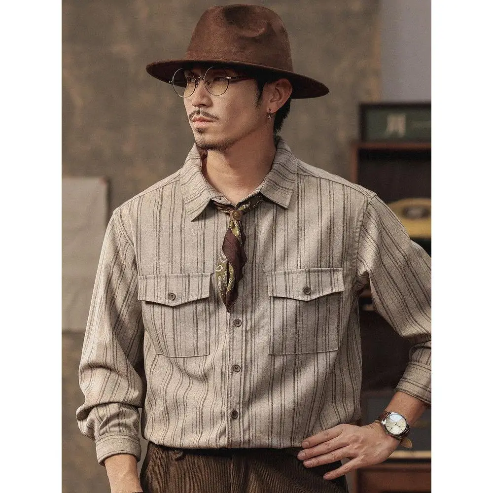 

Retro Striped Long Sve Collared Loose Casual American Workwear Sle irt for Men Spring Autumn New Sle Youth Faion