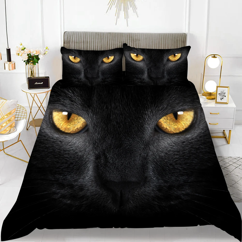 3pcs Cat Face Bedding Set Animal Print Black Cat Duvet Cover Soft Cozy Quilt Cover with 2 Pillowcases Twin Full Queen King Size