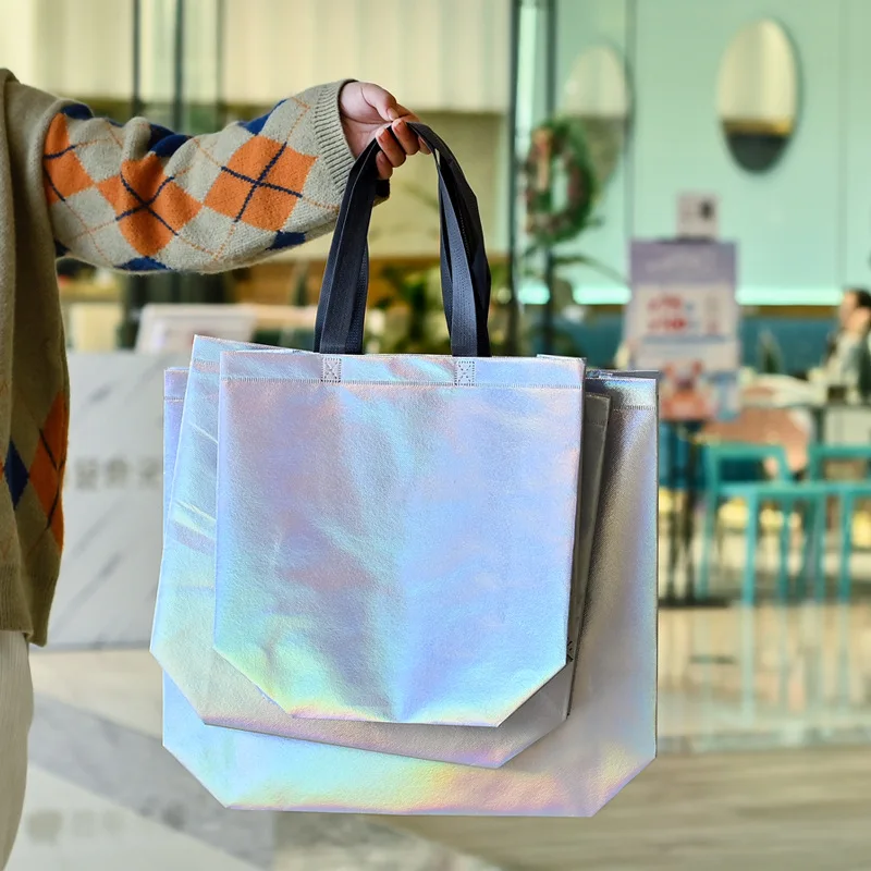 20Pcs/Lot Laser Shopping Bag Foldable Eco Bag Large Reusable Shopping Bag Tote Waterproof Fabric Non-woven Bag 3 Sizes