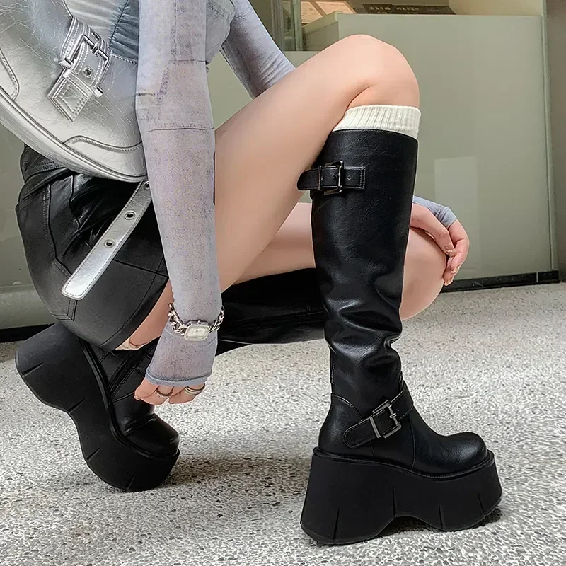 Shoes for Women 2024 New Knee-High Boots Platform Wedges Boots Gothic Woman's Belt Buckle Round Toe Side Zip Black Botas Mujer