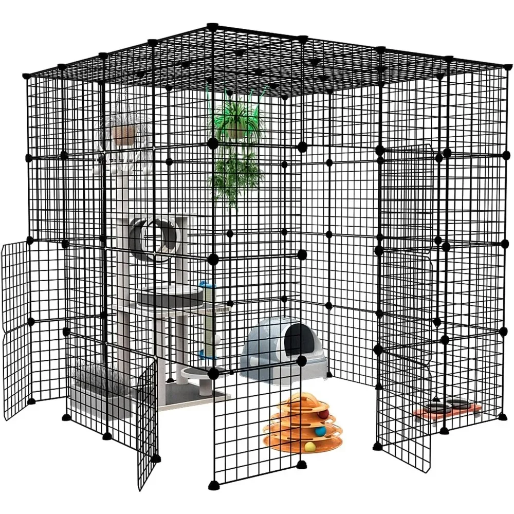 

Large Cat Cage, Enclosure Indoor Cat Playpen Metal Wire 4-Tier Kennels Crate Ideal for 4 Cats, Black Without Platforms Cat Cage