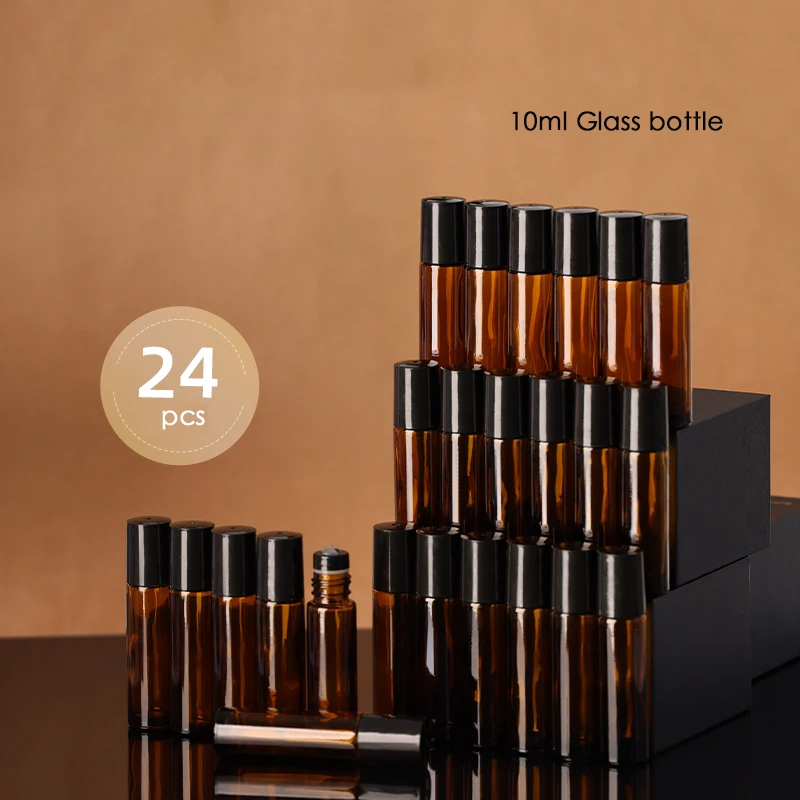 

24Pack 10ml Roller Bottle Amber Glass Roll on Bottles With Stainless Steel Roller Balls Perfect for Fragrance Aromatherapy