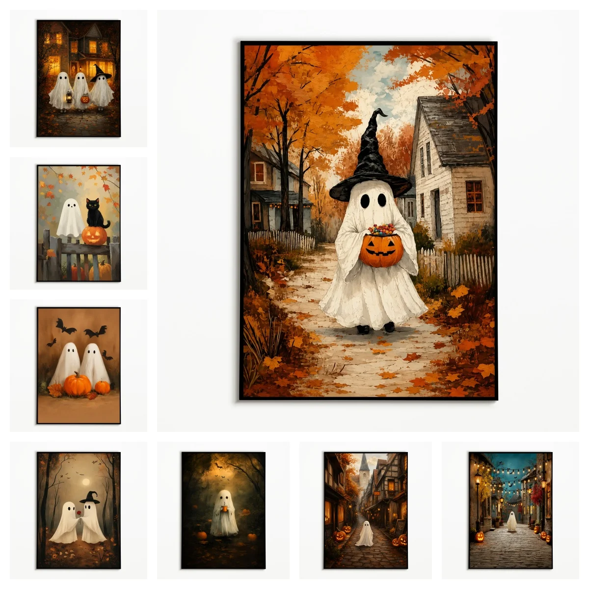 1PC Autumn Countryside Cute Ghost Poster  Halloween Vintage Pumpkin Black Cat Wall Art  Frameless Canvas Printing Fall Decor