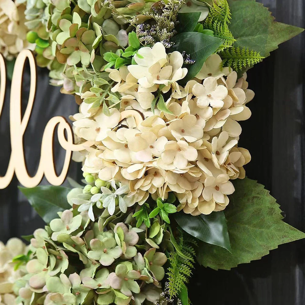 40cm Artificial Hydrangea Wreath Home Garland Front Door Decoration Wall Background Christmas Decor Hello Wreath Outdoor Decor ﻿
