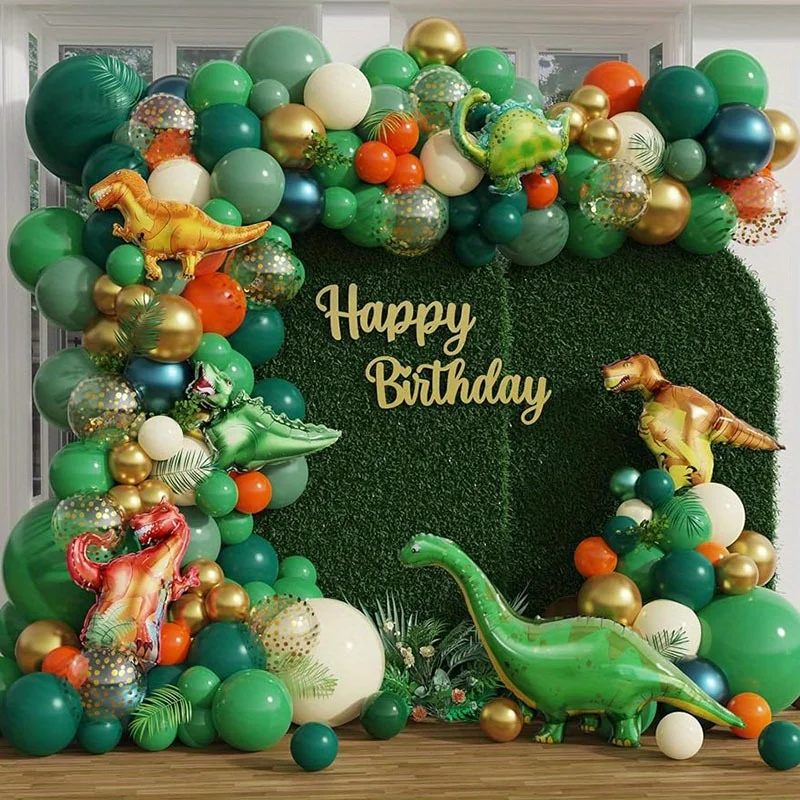 Juego de globos de dinosaurio verde y naranja para decoración temática de dinosaurio salvaje de la jungla, decoración para fiesta de cumpleaños, decoración temática de bosque