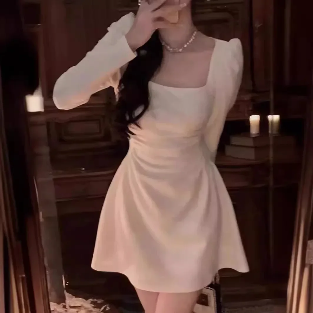 European 2025 Waist-Fitted Autumn New Arrival Long Sleeve A- Line Style First Love White New Square Collar Women's Clothing dss2