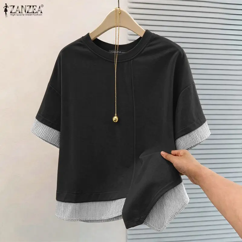 ZANZEA Women T-Shirt Short Sleeve Fake Two Piece Striped Patchwork Irregular Hem Loose Fit Casual Office Korean Style Summer Top