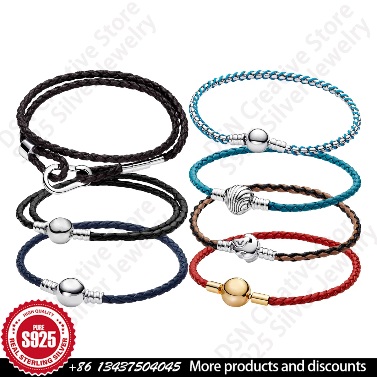 

S925 Silver Classic Disney Women's Leather Cord Bracelet Suitable for DIY Matching To Create A Personalized Bracelet