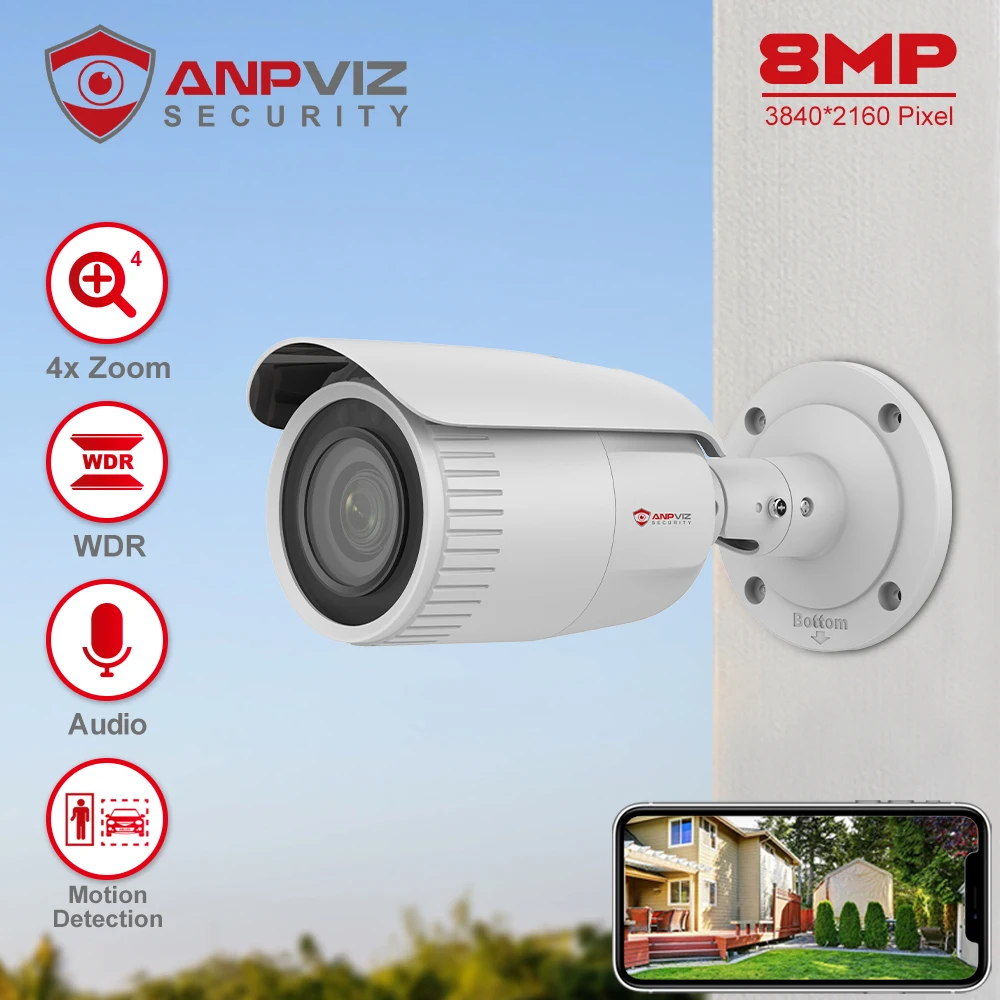 

Anpviz Bullet 5MP PoE IP Camera 4X Optical Zoom Human Vehicle Detection IR Night Vision 2.8~12mm Built-in Mic 120 dB WDR IP67