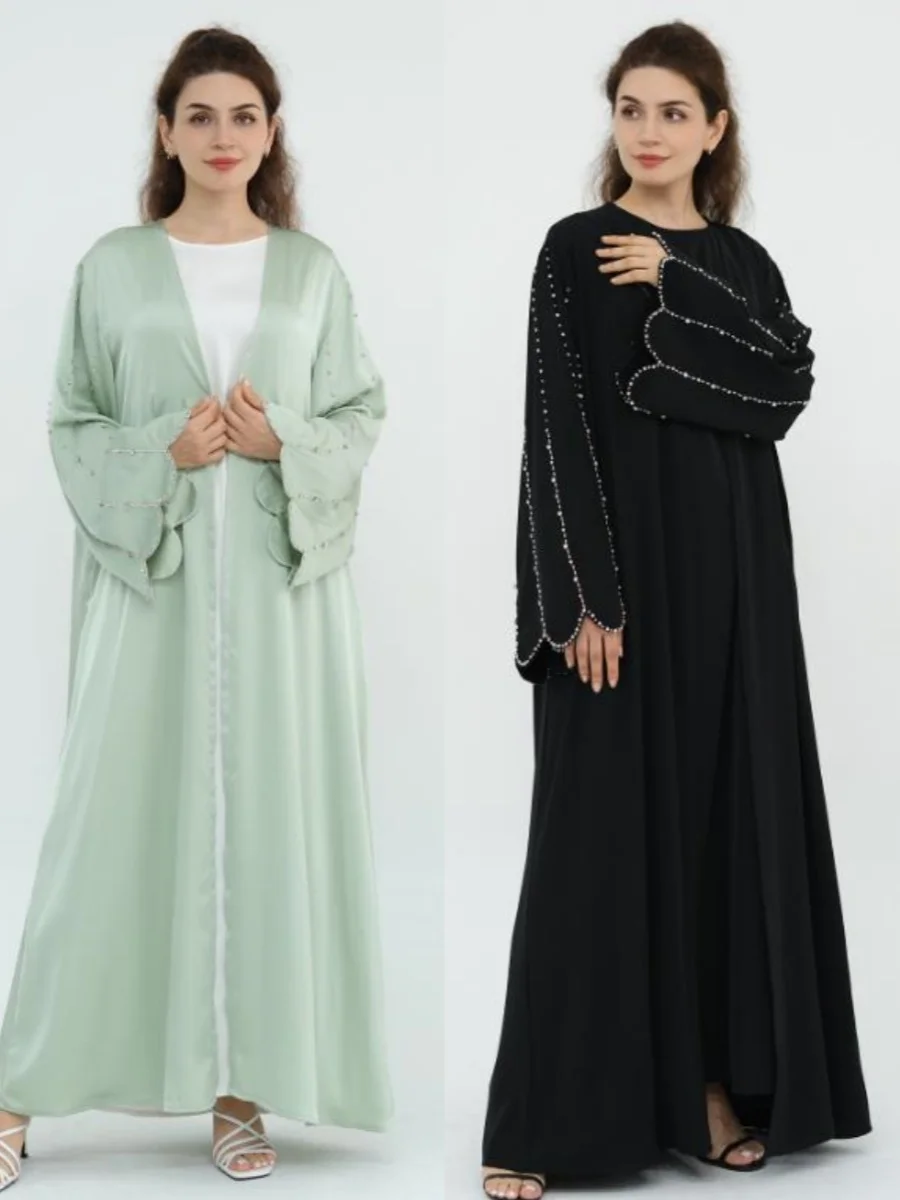 

Muslim Women Türkiye Dubai Abaya Luxury Beading Kimono Cardigan Elegant Satin Long Dress Modest Kaftan Robe Femme Islam Clothing