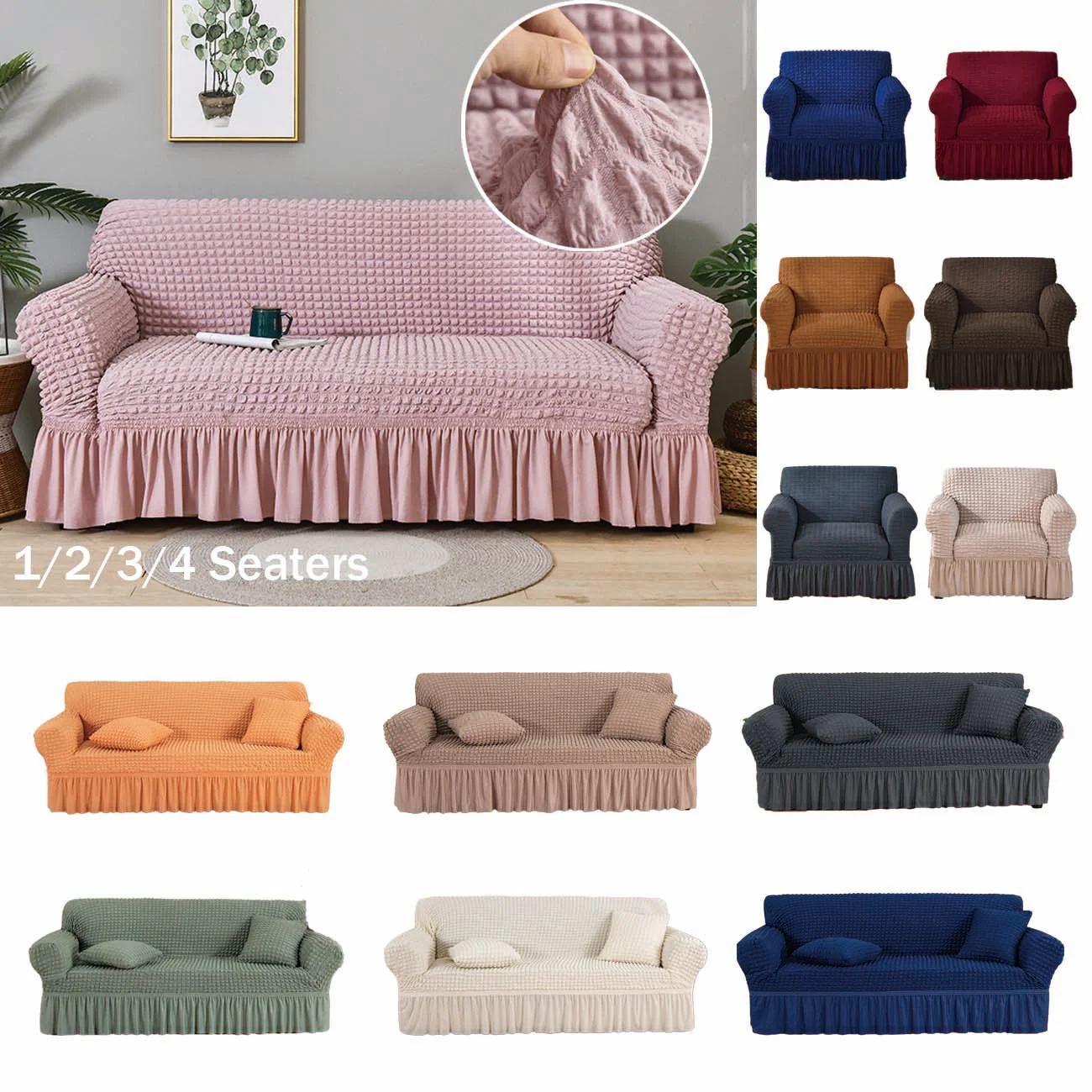 

Pink Plaid Stretch Sofa Cover for Living Room Seersucker Skirt Armchair Cover L Shape Couch Covers Elastic Skirt 1 2 3 4 Seat