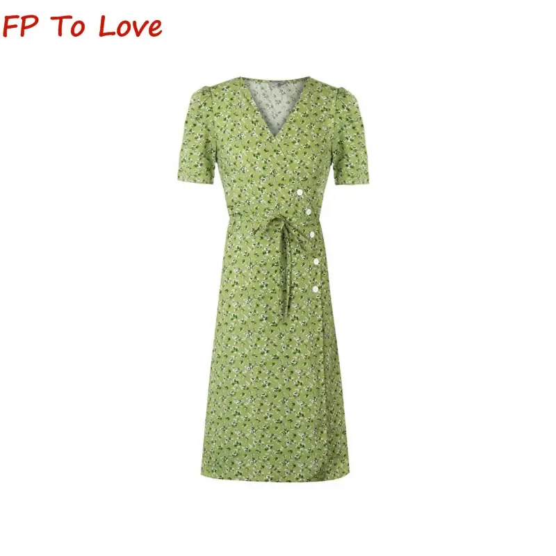 V Neck Button Embellished Tea Floral Dress Wrap Dress Summer Vintage Waist Tie Midi Dresses