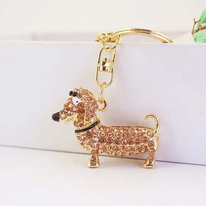 Lovely Rhinestone Dachshund Keychain Crystal Inlaid Animal Keyring Car Key Accessory Bag Pendant for Kids