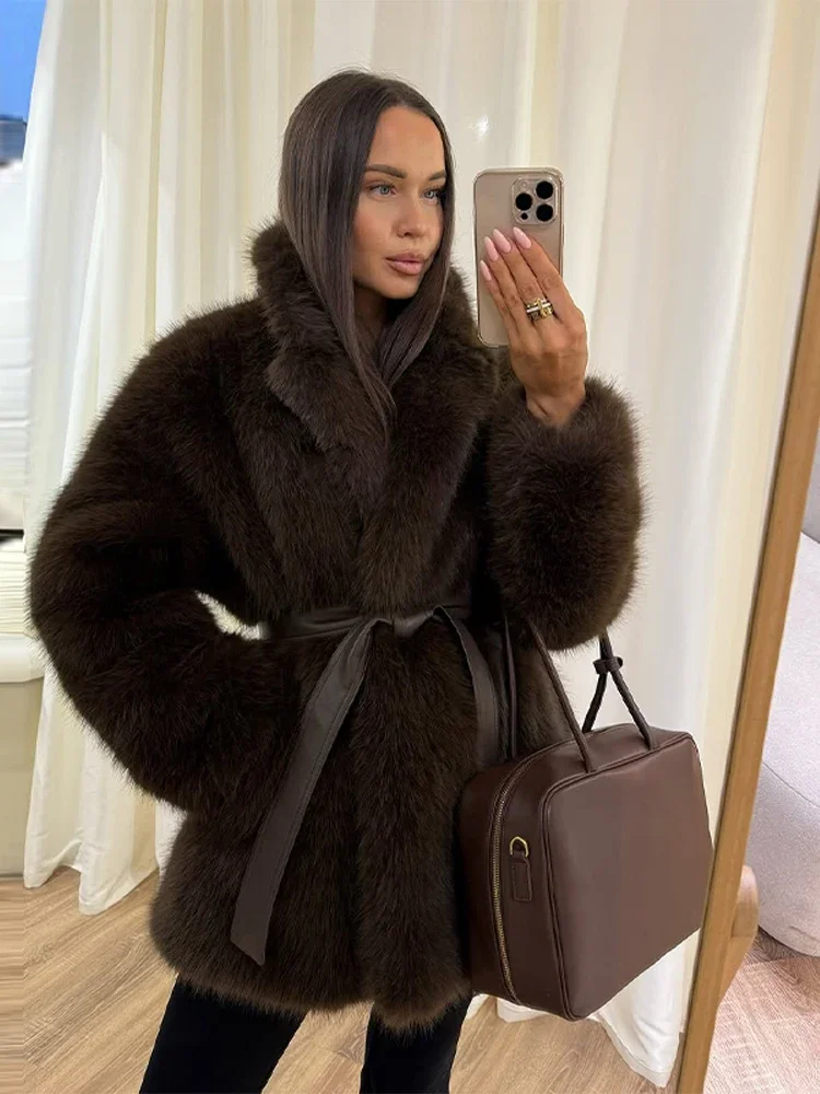 2025 Winter Pluizige Nepbont Lange Jassen Met Riem Vrouwen Chic Revers Dikke Warmte Jas Elegante Straat Dame Volledige Mouw Bovenkleding