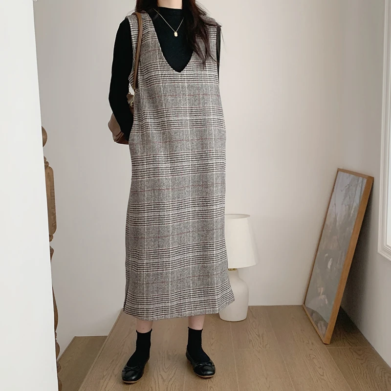 Chic Herbst Winter frauen Dr V-Ne Lose Dünne Gerade Beiläufige Lange Plaid Woolen Weste Langen Rock Ci pendeln Sle H-ape
