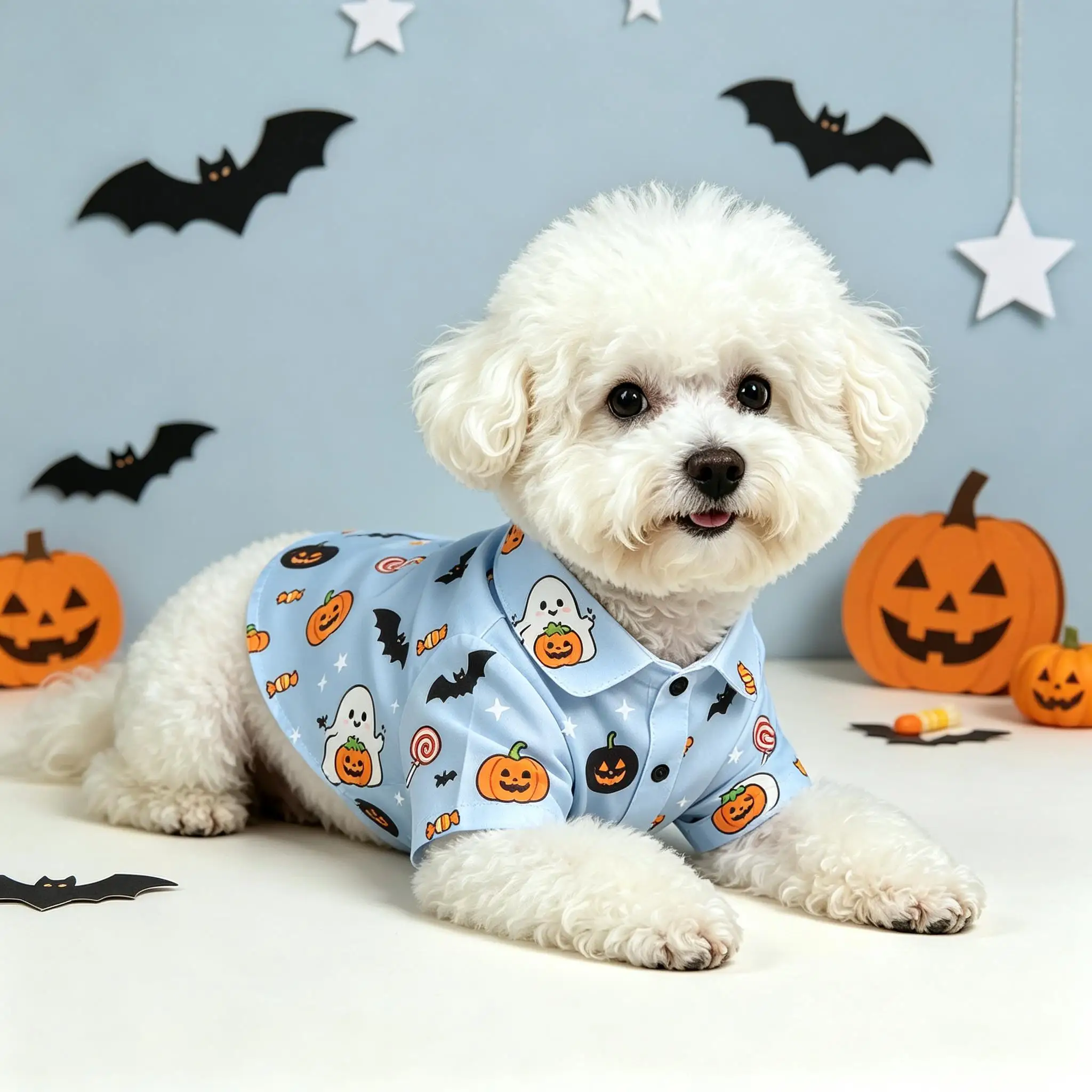 Pet Dog Shirt Beige Ghost Pumpkin Bat Print Breathable Button Up for Small Medium Dogs Halloween Party Daily Wear