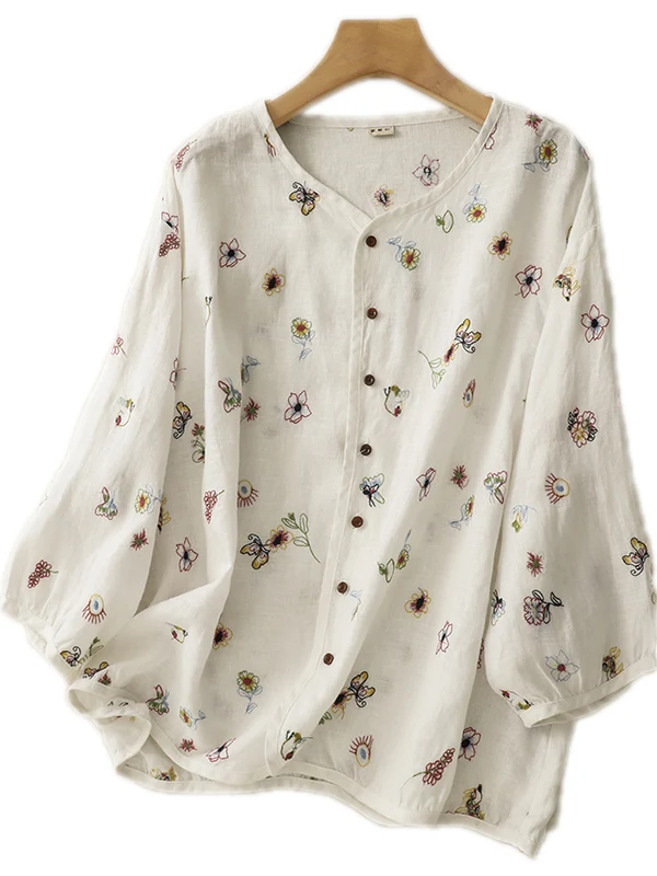 Ele bordado algodón lino irt mujer verano Slim Fit Casual irt ligero suelto Sle Lantern Sve Top