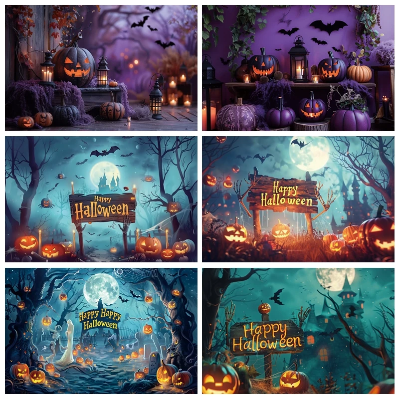 

Happy Halloween Theme Sign Poster Banner Backdrop Pumpkin Ghouls Bat Spide Moon Halloween Party Decor Photo Background Props