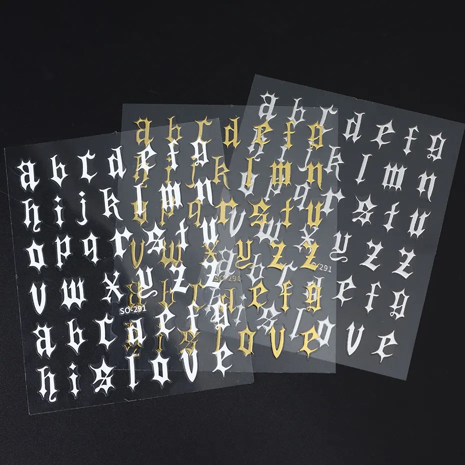 2/4 pçs gótico preto branco inglês carta arte do prego adesivos punk alfabeto romano encantos folhas y2k metálico manicure decoração