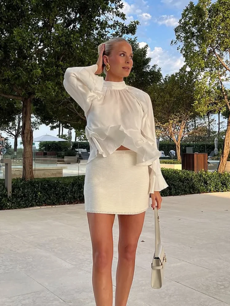 

Women's Ruffled Long Sleeve Tops Elegant Round Collar Loose Blouse Decorative Layered Shirts Summer Beach Party Street Wear 2025