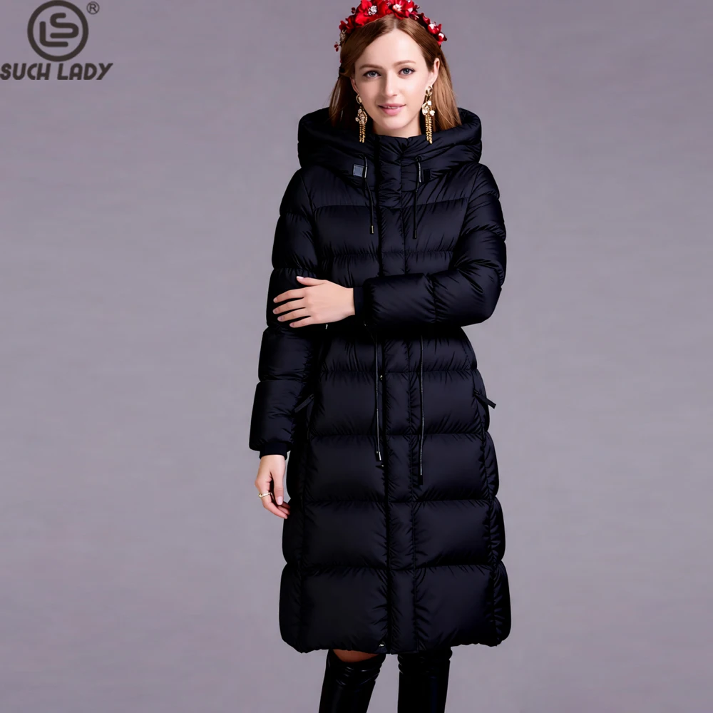 

Women's Long Black Puffer Hooded Coat Belted Waist Down Jacket for Winter Warmth & Street Style