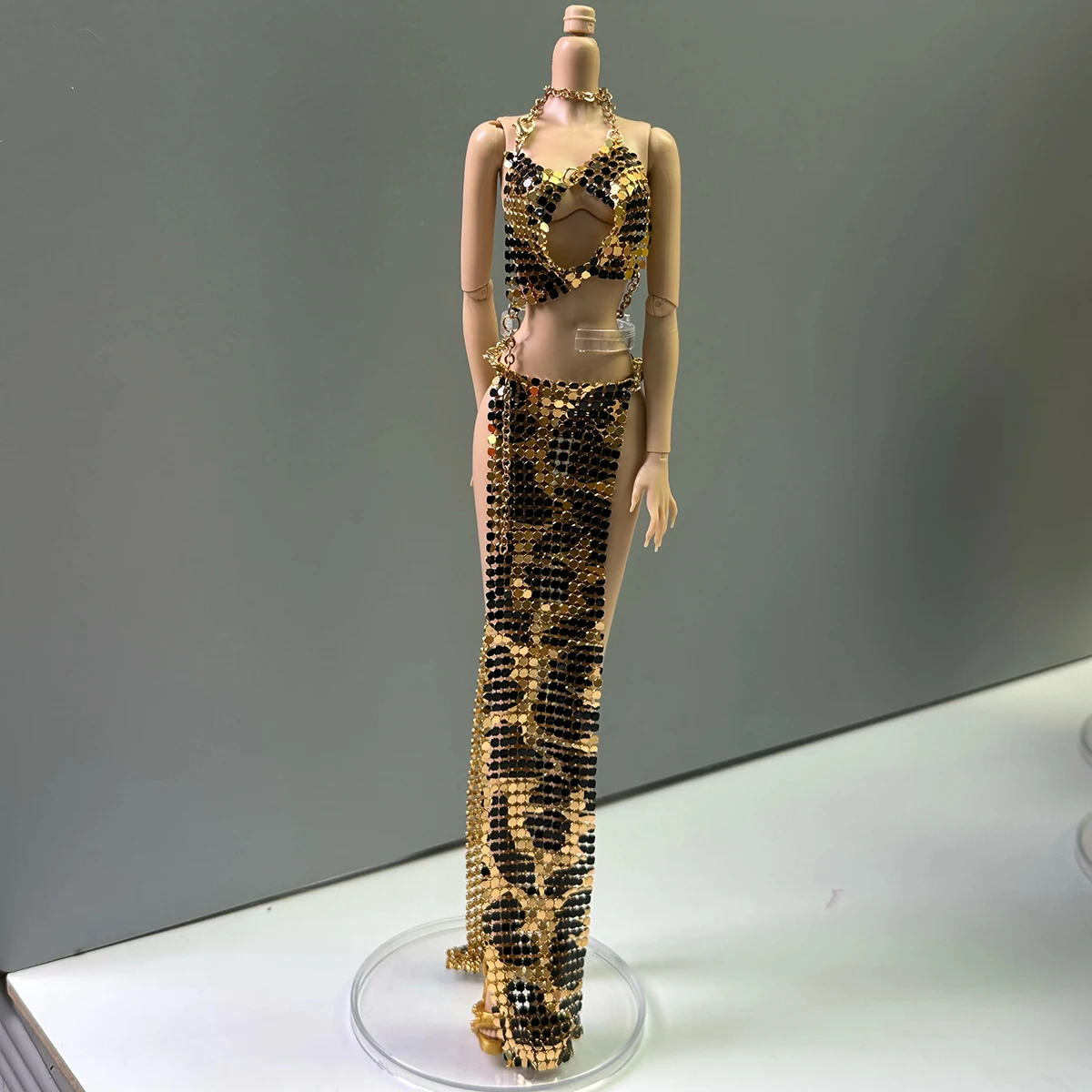 Fashion Sun Goddess Sexy Leopard Print Metal Sequin Vest+Split Midi Skirt+Headwear Set For 1/6 Babi Supermodel Doll Clothes Part