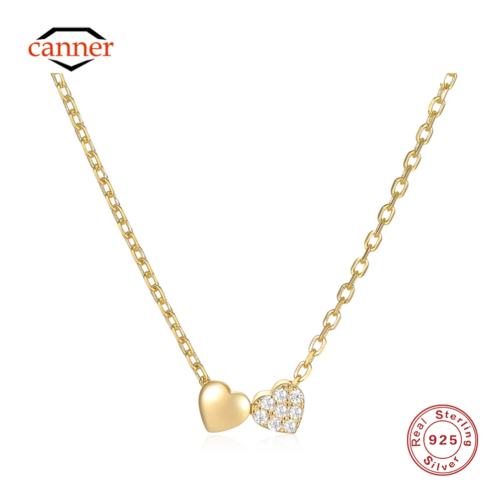 CANNER 925 Sterling Silver Double Hearts Zircon Collarbone Naszyjnik dla kobiet 18K złoty naszyjnik Fine Jewelry Valentine's Day